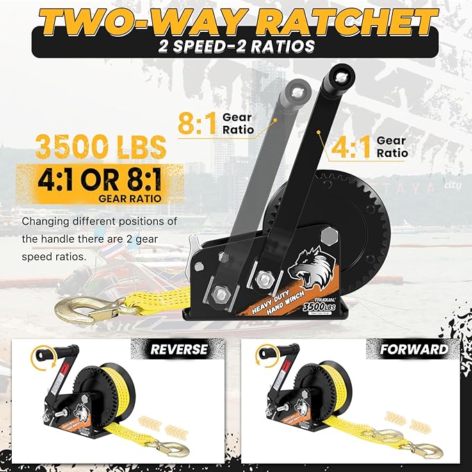 33FT Strap Boat Trailer Winches，2-Way Ratchet System Designed for Heavy-Duty Applications. 3500 lbs Ideal for Towing Trucks, ATVs, RVs, and Jet Skis.