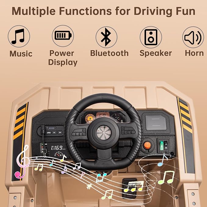 12V Ride On Construction Truck, Battery Powered Ride On Car with Remote Control, Kids Electric Vehicle with Shovel, Speaker, Khaki