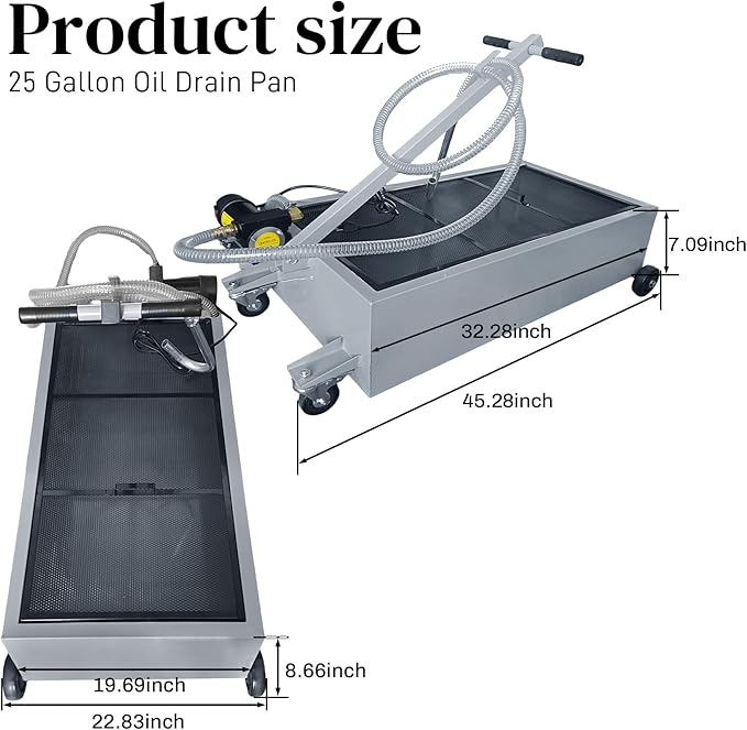 25 Gallon Oil Drain Pan with Electric Pump, Low-Profile Oil Pans for Changing Oil, T-Handle and J-Hook Makes Drain Easier, Gray