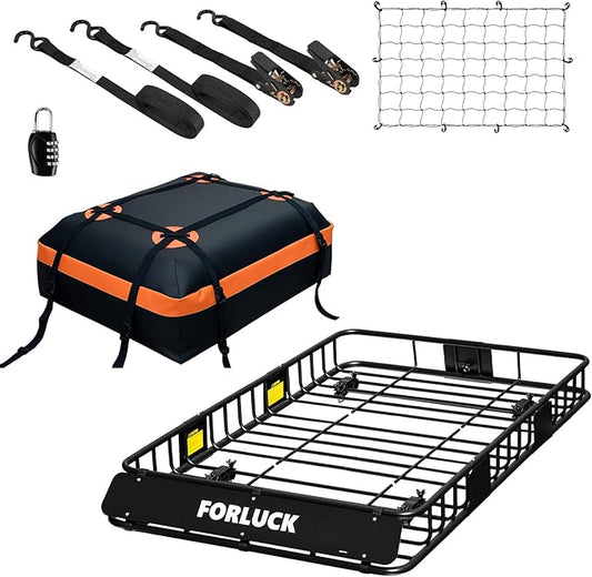 Forluck 64 x 39 x 6 Inch Universal 250 LBS Heavy Duty Roof Rack Cargo Carrier with Waterproof Bag, Net & Ratchet Straps, Extension Rooftop Cargo Carrier, Car Top Luggage Holder for SUV, Truck or RV