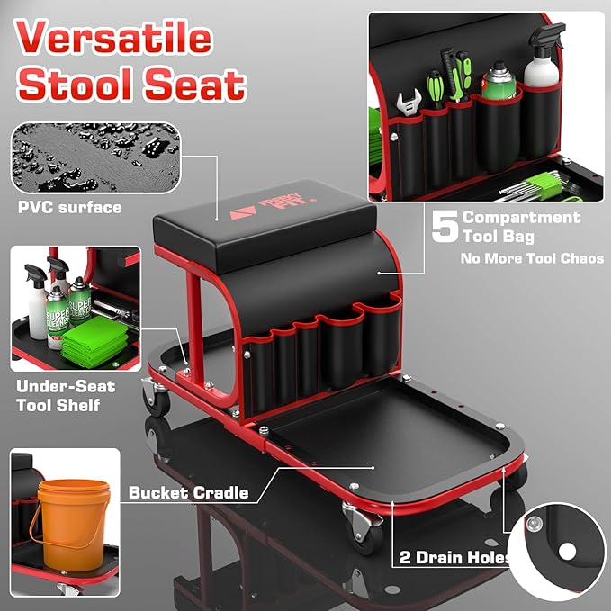 Rolling Shop Stool Chair with Wheels, Mechanic Garage Stool on Wheels, Auto Car Detailing Stools Seat with Tool Tray Storage for Garage Work, Workshop, Home, Garden, DIY, 300 LBS Capacity,Red