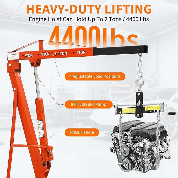 2 Ton Folding Hydraulic Engine Hoist with Load Leveler 4400 LBS Capacity Heavy Duty Cherry Picker 6 Swivel Wheels&Hydraulic Pump Adjustable Boom (0.5T-2T) for Garage Workshop Warehouse Orange