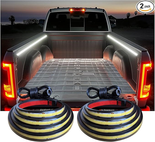 2Pcs 60Inch Truck Bed Lights, Waterproof 12V COB LED Lights Strip (6500K White Lighting) with Switch Blade Fuse Splitter, Cool Accessories for Pickup Truck Camper Van SUV RV Boat