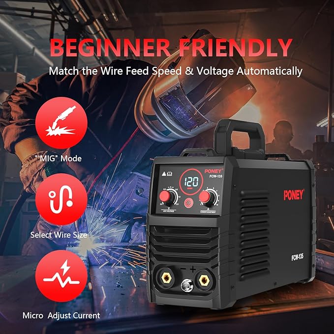 PONEY 120A Flux Core MIG Welder 110V - 3 in 1 Gasless MIG/Stick/Lift TIG Welding Machine with Synergic Control IGBT Inverter Multi-process Portable Wire Feed Welder