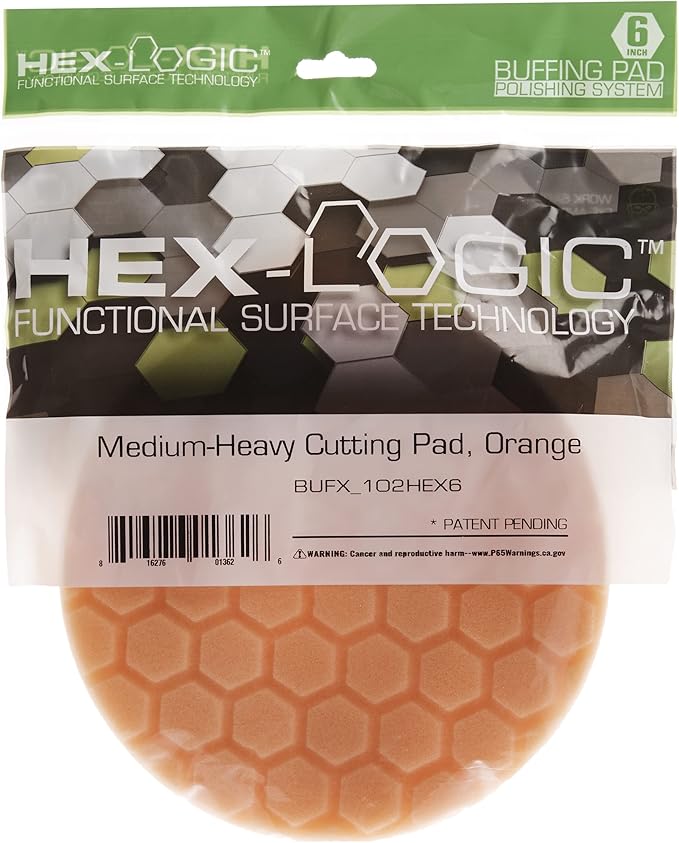 Chemical Guys BUFX_102HEX6 BUFX_102_HEX6 Hex-Logic Medium-Heavy Cutting Pad, Orange (6.5 Inch Pad Made for 6 Inch Backing Plates), 1 Pad Included