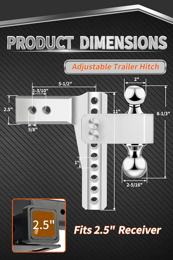 METOWARE Adjustable Trailer Hitch - Aluminum Tow Hitch Fits 2.5-Inch Receiver - Heavy Duty Drop Hitch with 8-Inch Drop/Rise for Truck (18,000 LBS GTW), Double Stainless Steel Locks & Hitch Pin