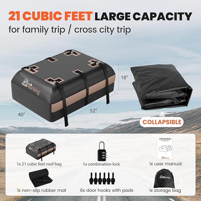 Asinking Car Rooftop Cargo Carrier Bag, 21 Cubic Feet Waterproof Roof Cargo Bag for SUV Minivan, Fit Vehicles with/Without Roof Rack, Sidebars & Crossbars - Max Size 52" L 40" Wx 18" H
