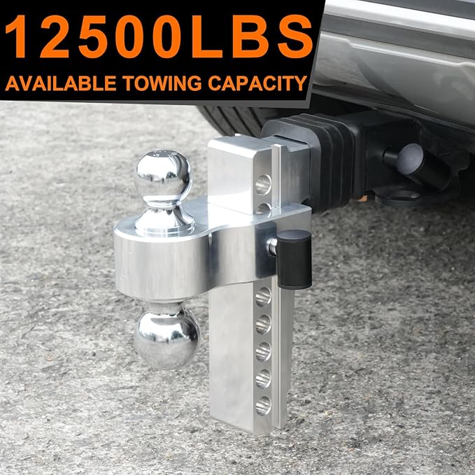 Adjustable Trailer Hitch, 8-Inch Drop/Rise Aluminum Shank – Fits 2" Receiver, 12,500 LBS GTW, Heavy Duty Drop Hitch with 3 Anti-Rattle Pads & 2 Locking Hitch Pin for Trucks