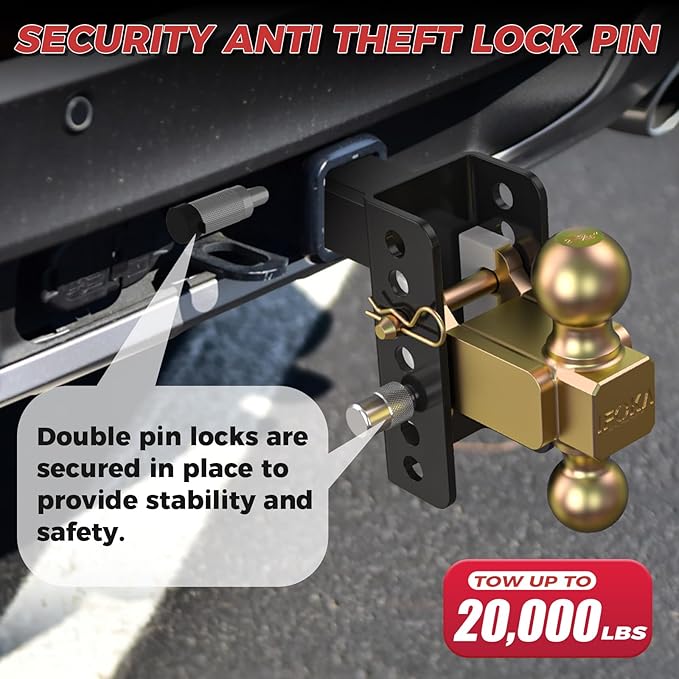 Adjustable Trailer Hitch, 4 Inch Drop Hitch Ball Mount, 20,000 LBS GTW, Tow Hitch for Heavy Duty Truck with Double Hitch Locks and Pin, Solid Shank (2.5 Inch Receiver)