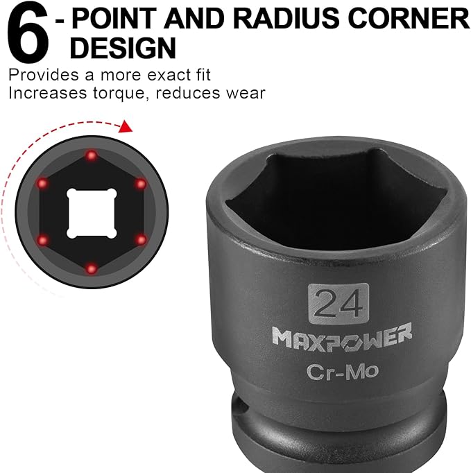 MAXPOWER 1/2 Inch Drive 24mm Standard Impact Socket, Made with Heat-Treated Chrome Molybdenum Steel, 6-Point Design, Metric