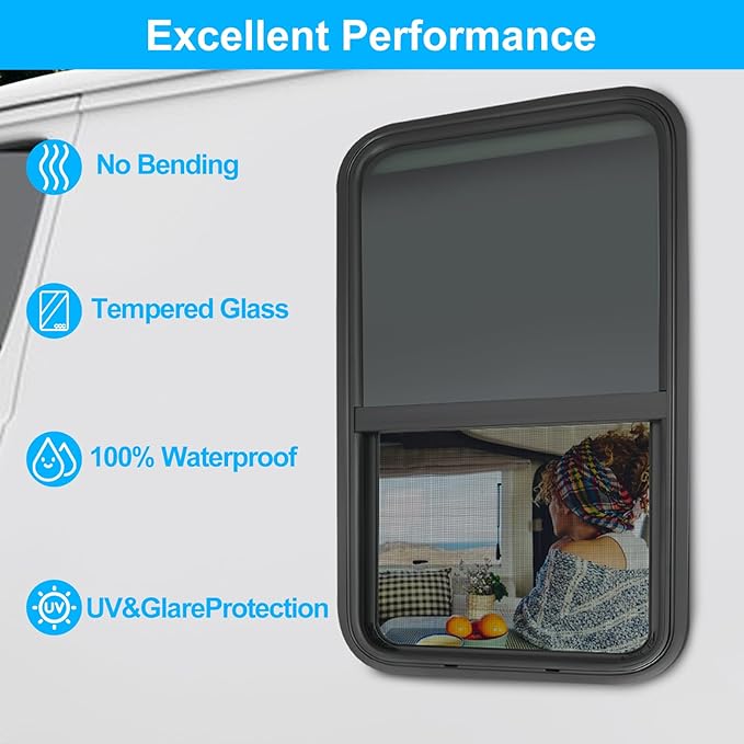 18" W x 35" H RV Window Vertical Sliding, DOT Certified - Shatterproof Tempered Tinted Glass, with Net Screen and Trim Ring, Teardrop Replacement Trailer Camper Window
