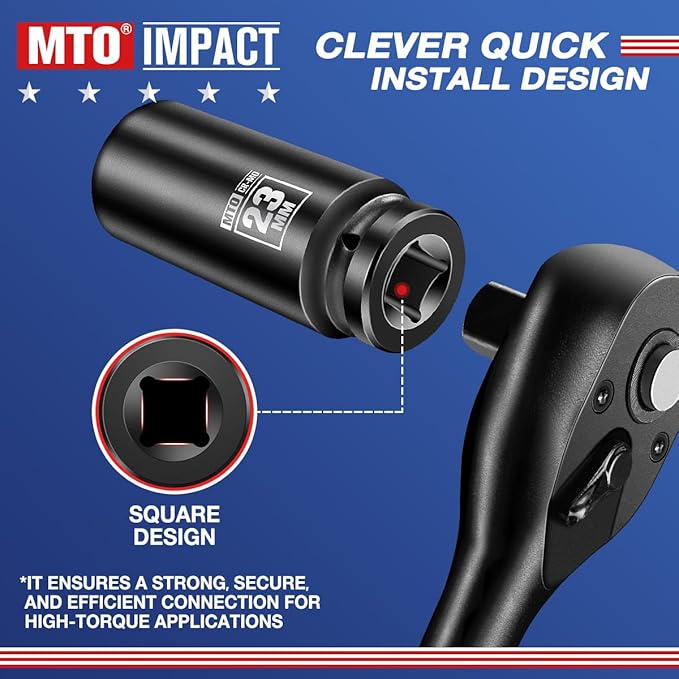 MTO 1/2" Drive 23mm Deep Impact Socket, 6 Pt. Metric Socket, CR-MO Steel & Anti-Corrosion Coating for Heavy-Duty Use