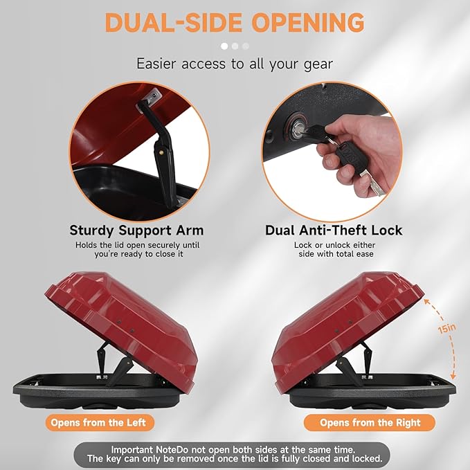 Roof Cargo Box, Dual-Side Opening Design, 14 Cubic Feet Capacity, Waterproof Hard-Shell Storage Box, Includes Straps and Spare Key,Ideal for Travel and Luggage Transport, Red (R62)