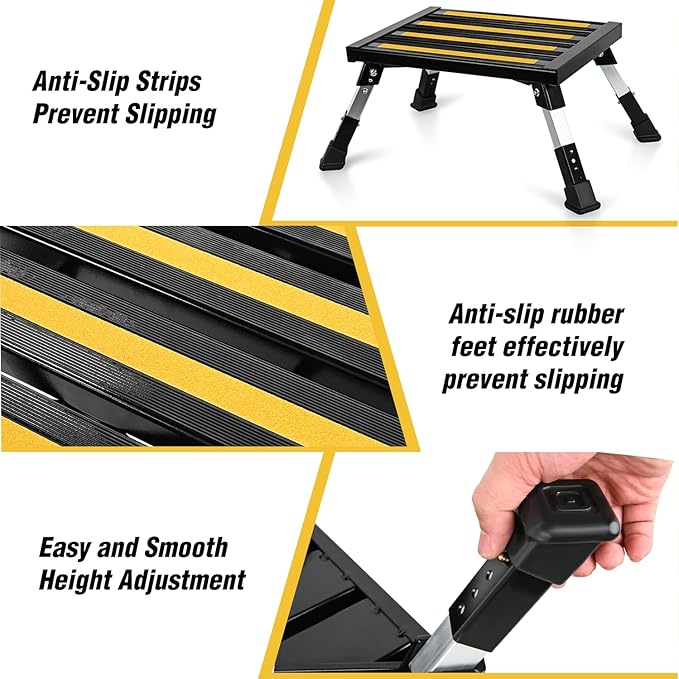Nilight RV Steps Folding Aluminum Step Stool Heavy Duty Camper Steps, 16.5"x12" Surface, 4 Levels Adjustable Height Portable Platform Step Anti-Slip Rubber Feet Supports Up to 500lbs for Camper,Black