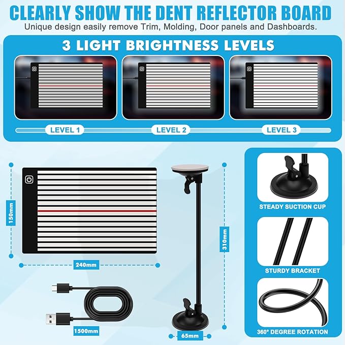 142PCS Car Dent Puller Kit,Car Paintless Dent Remover Tool Kit with LED Light Board,T-bar Slide Hammer & Bridge Puller & Suction Cup,Dent Repair Kit for Remover Auto Body Hail Damage Large Small Dent