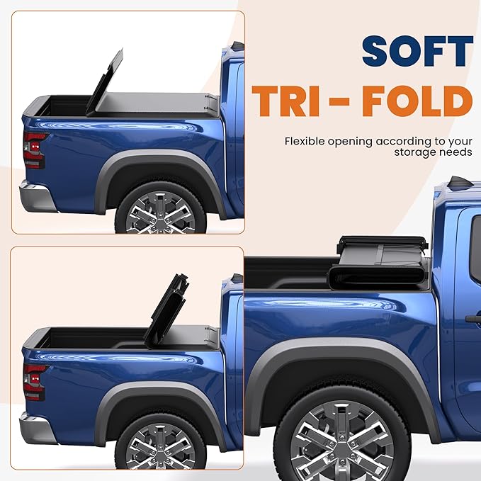 Tri Fold Soft Folding Truck Bed Tonneau Cover Compatible for Nissan Frontier 2005-2025 Fleetside 5 FT On Top w/Reflective Strip
