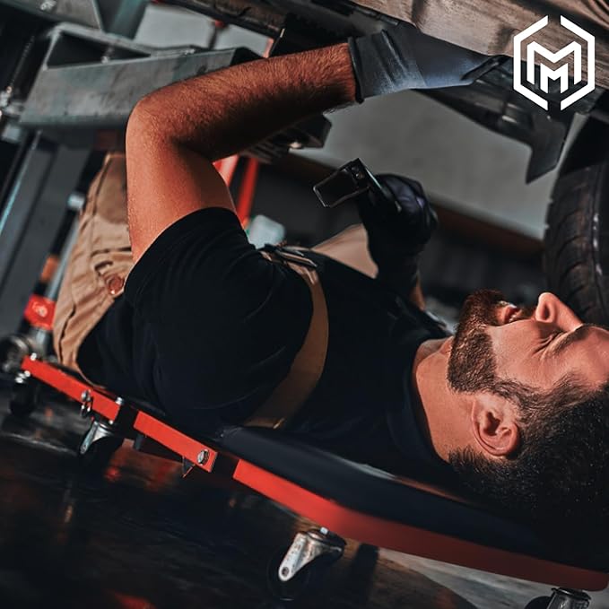 M-AUTO Foldable Z Creeper 2-in-1 Rolling Folding Car Creeper & Seat, 36" Adjustable Roller Garage Chair Lay Down or Sit, 330LBS Capacity Under Car Roller Creeper with 6 Swivel Casters, Red