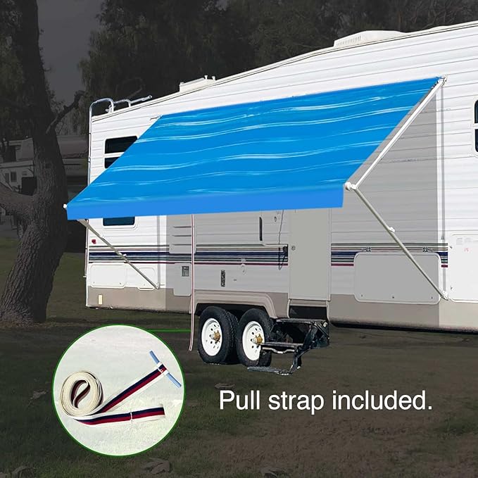 Leaveshade RV Awning Fabric Replacement Camper Trailer Awning Fabric Super Heavy Vinyl Coated Polyester 18'3''(Fit for 19' Awning)- Blue Wave