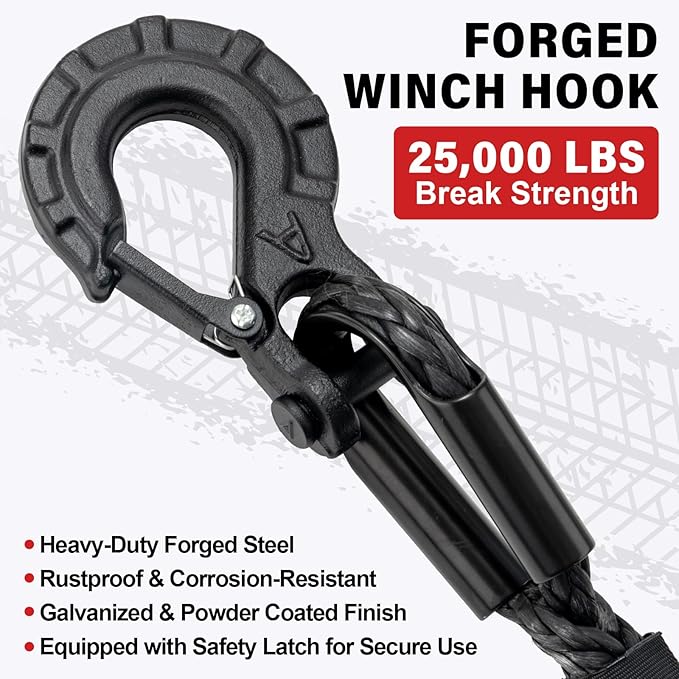 Synthetic Winch Rope Kit - 3/8" x 100' 27000 lbs Synthetic Winch Cable for ATV UTV Off-Road Vehicles with Forged Hook, Protective Sleeve and Safety Pull Strap - Black