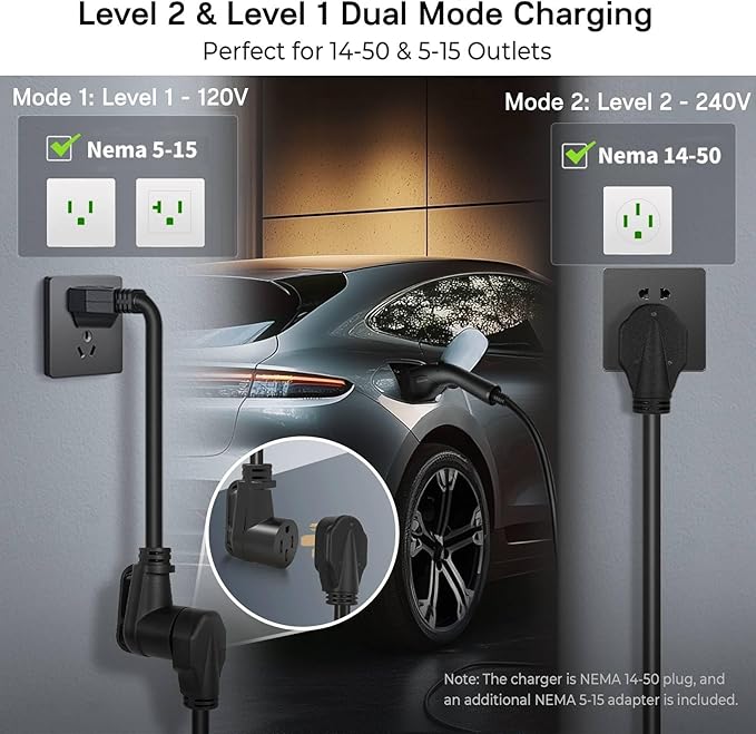 Tesla Charger 40Amp 9.6KW, Portable Level 2 EV Charger Adjustable Current with 2.4" LCD 25FT Cable, 110V-240V, NEMA 14-50 & 5-15 Plug, Compatible with Tesla Models 3/Y/S/X and J1772 Electric Cars