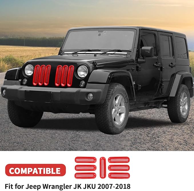 Mesh Grill Insert Grille Inserts Cover Fit for 2007-2018 Jeep Wrangler JK JKU(Red)