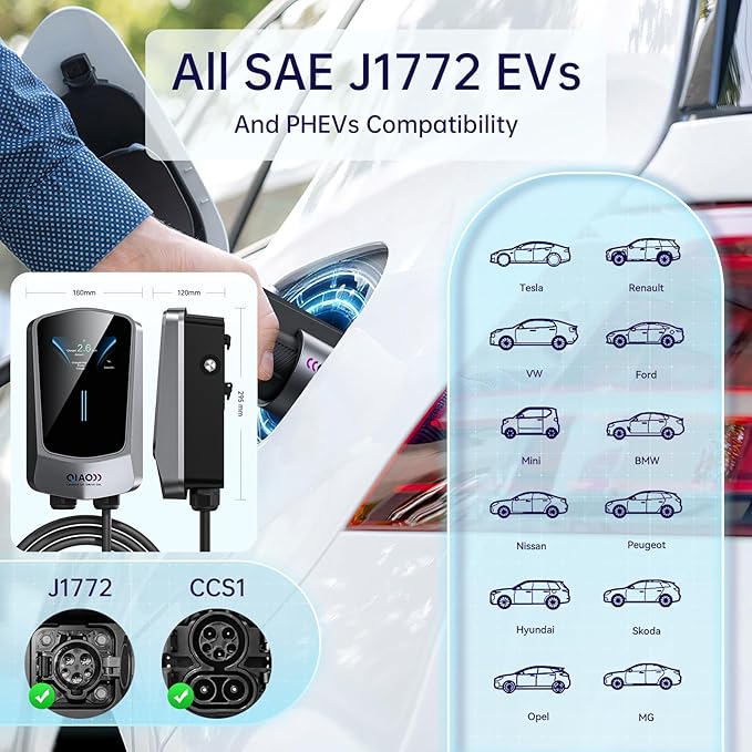 QIAO Level 2 EV Charger Hardwired, Home Charging Station UP to 48A, 240V with Smart APP & Scheduled Charging, J1772 Compatible for All EVs/PHEVs, 25ft Cable, 4.3in Display, IP65 Waterproof