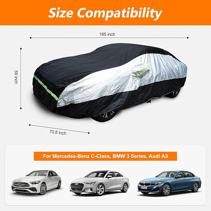 Universal Sedan Car Cover Fit for Mercedes-Benz C-Class, BMW 3 Series, Audi A3,Waterproof All Weather Heavy Duty Anti-UV Windproof Snow Protection - 177''~185''(L)