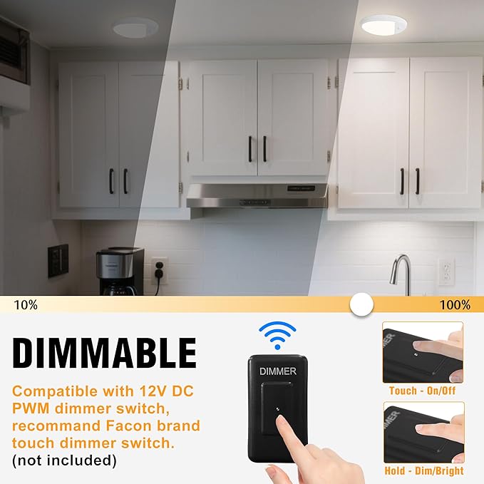 Facon 2-Pack 12V DC RV Ceiling Dome Light with On/Off Switch - 4000K Cool White, Small Oval Pancake RV Puck Light for RVs, Motorhomes, Campers & Boats, ETL Listed