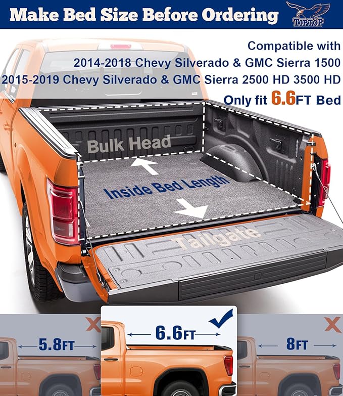 TIPTOP Low Profile Hard Folding Truck Bed Tonneau Cover Fits 2014-2018 Chevy Silverado/GMC Sierra 1500, 2015-2019 2500 HD 3500 HD, 6.6ft Bed (78.9in) |TLX3|
