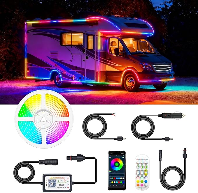 Smart RGB+IC RV Awning Lights, 25FT Dream Color Chasing Camper Awning Lights Strip for RV Canopy, 12V Waterproof APP/Remote RV Underglow Light for Travel, Van, Concession Trailer