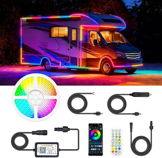 Smart RGB+IC RV Awning Lights, 25FT Dream Color Chasing Camper Awning Lights Strip for RV Canopy, 12V Waterproof APP/Remote RV Underglow Light for Travel, Van, Concession Trailer