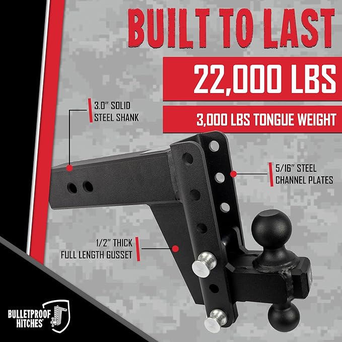 BulletProof Hitches - 3.0" Adjustable Heavy Duty Trailer Hitch (22,000 lb. Rating) - 6" Drop/Rise Trailer Hitch with 2" & 2-5/16" Dual Ball - Powder Coat, Solid Steel, Corrosion-Resistant