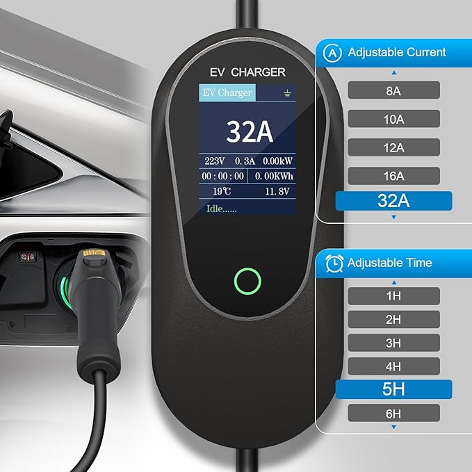 32 Amp Level 2 Portable EV Charger Station for SAE J1772 EV Cars (240 Volt, 25ft Cable), FCC and UL Certified, with NEMA 14-50 Plug,with 5-15 to 6-20 Plug, with J1772 to Tesla Adapter.
