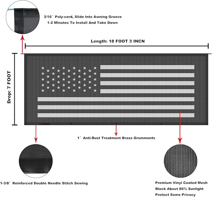 Tentproinc RV Awning Sun Shade Screen 7' X 18' 3'' (American Flag) Black Mesh Sunshade Camper Trailer Awning Shade Screen UV Blocker Completed Kits