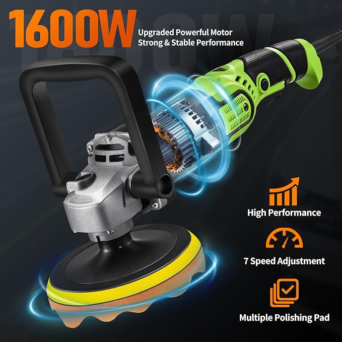 Buffer Polisher, 1600W 6"/7" Rotary Car Polisher with 7-Speed(1600-3500 RPM), Car Buffers and Polishers Kit for Cars, Boats, Floors, Furniture
