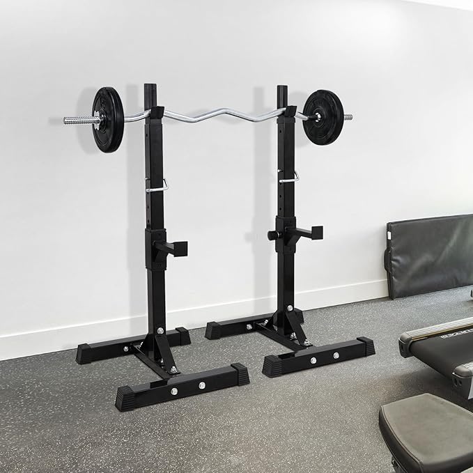 JupiterForce Adjustable Squat Rack Stands Pair of Sturdy Steel Bench Press Rack, Barbell Rack, 40''-66'' 550lbs Max Load Portable Weight Lifting Dumbbell Racks Stands for Home Gym, Black