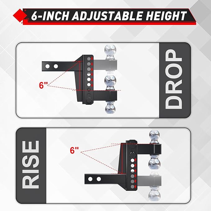 TYT Adjustable Truck Trailer Hitch for 2 inch Receiver, 6" Drop/Rise Tow Hitch with Dual Balls (2" & 2-5/16"), 22,000 lbs GTW, 2,200 lbs TW, Includes Two Pin Locks & Hitch Tightener