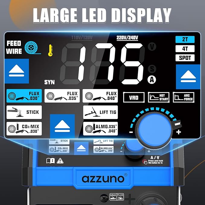 AZZUNO Aluminum MIG Welder 175Amp, 110V/220V Dual Vlotage 5 in 1 Gas MAG/Aluminum MIG/Gasless Flux Core Welder/Stick/Lift TIG Welding Machine, Wire Feed Welder Machine with Semi-enclosed Structure