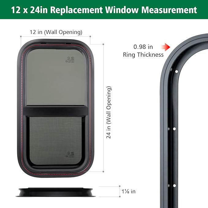 Dulepax Vertical RV Window, 12" W x 24" H Tinted Slide Trailer Window, Tempered Glass Camper Window Replacement with Net Screen and Trim Ring, DOT Approved
