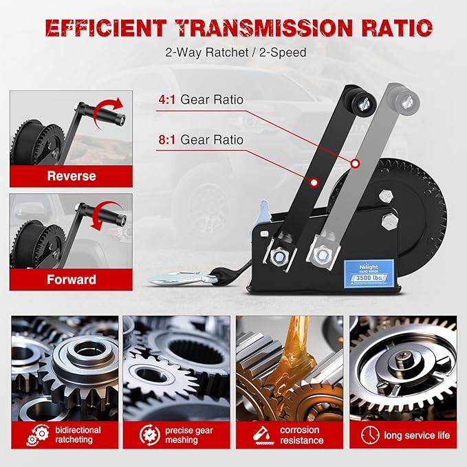 Nilight Boat Trailer Winch 3500 Lbs Hand Crank Winch Heavy Duty Boat Winches with 33Ft Strap Rope Hook Two Way Ratchet 4:1 8:1 Gear Portable Marine Manual Winch for Trailers Boat RV ATV Jet Ski Towing