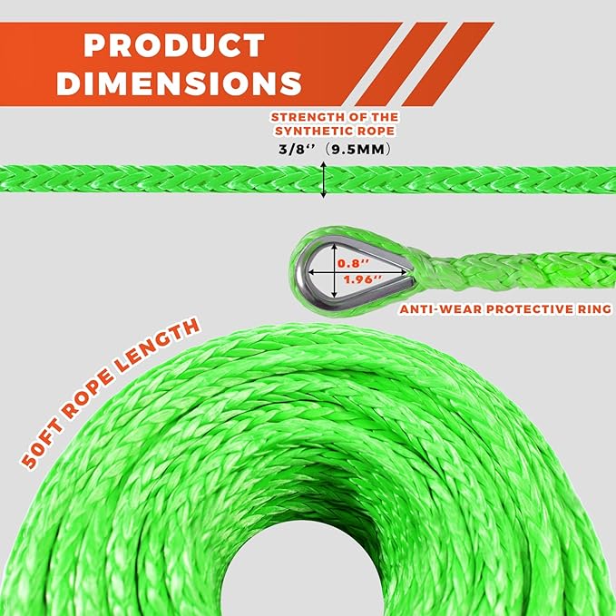 Winch Rope Extension, 3/8'' x 50ft 27,000Lbs Synthetic Winch Extension Rope, Winch Extension Line for Off Road Vehicle ATV UTV SUV Jeep (Green)