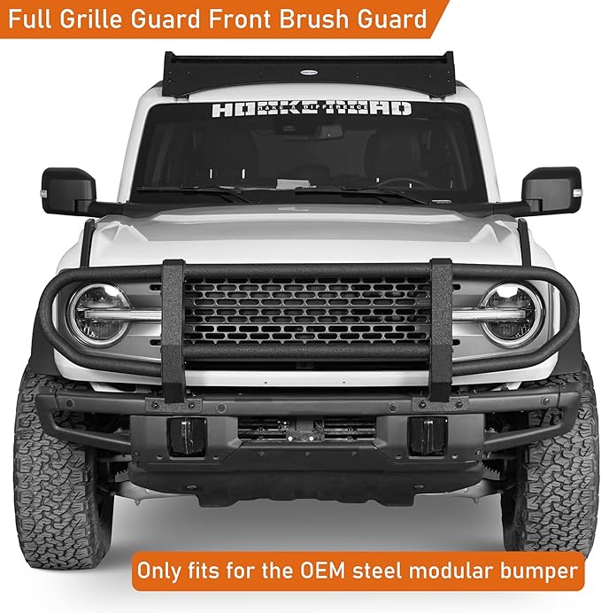 Hooke Road Bronco Front Brush Grille Guard Full-Width Push Bull Bar for 2021-2025 Ford Bronco 2 or 4 Doors (ONLY for Models with Factory Modular Steel Front Bumper)