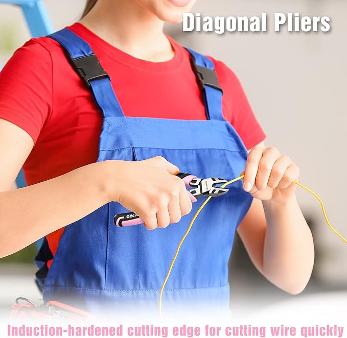 WORKPRO 4-Piece Pliers Set, Premium CR-V Construction Pliers Tool Sets Including Long Nose, Diagonal Cutting, Groove Joint and Slip Joint Pliers - Pink Ribbon