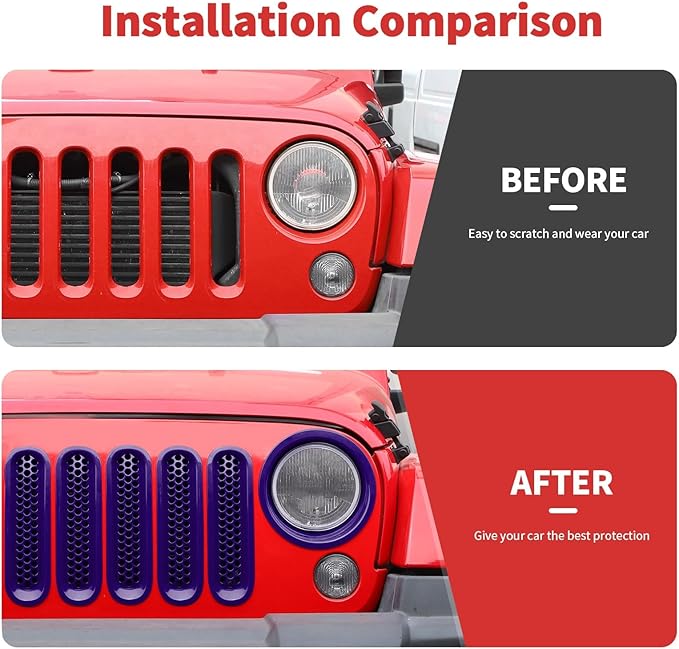 Mesh Grille Grill Insert+Headlight Turn Light Cover Trim Fit for 2007-2018 Jeep Wrangler JK JKU(Purple)