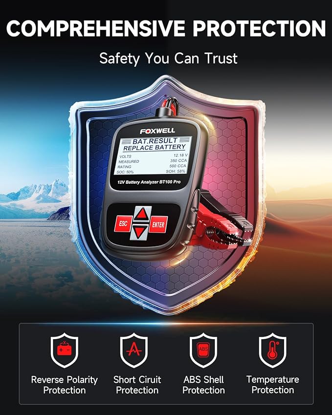 FOXWELL BT100 Pro 12V Car Battery Tester, Battery Load Tester, 100-1100CCA Automotive Alternator Tester Digital Auto Battery Analyzer for Car Truck Motorcycle SUV, Boat, RV, Marine & Pickup