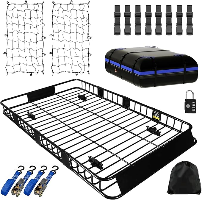 FORWODE 250LBS. 84" x 50" x 6" Roof Rack Carrier Basket with Cargo Net, Waterproof Bag, Strap, Universal Rooftop Cargo Luggage Rack Basket for Car, SUV, Truck
