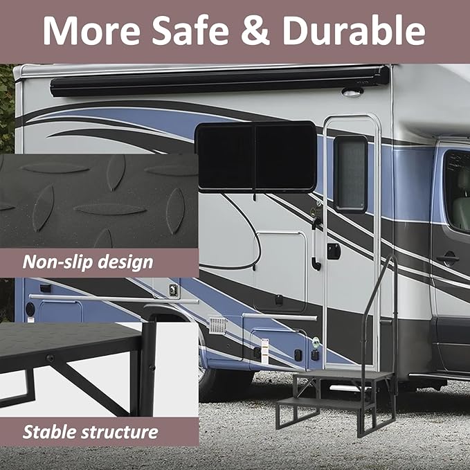 RV Stairs 2 Step, RV Steps with Handrail, Upgrade 3.0 RV Stairs with Platform, 660lbs Anti-slip Step Ladder Hot Tub Step for Indoor Outdoor