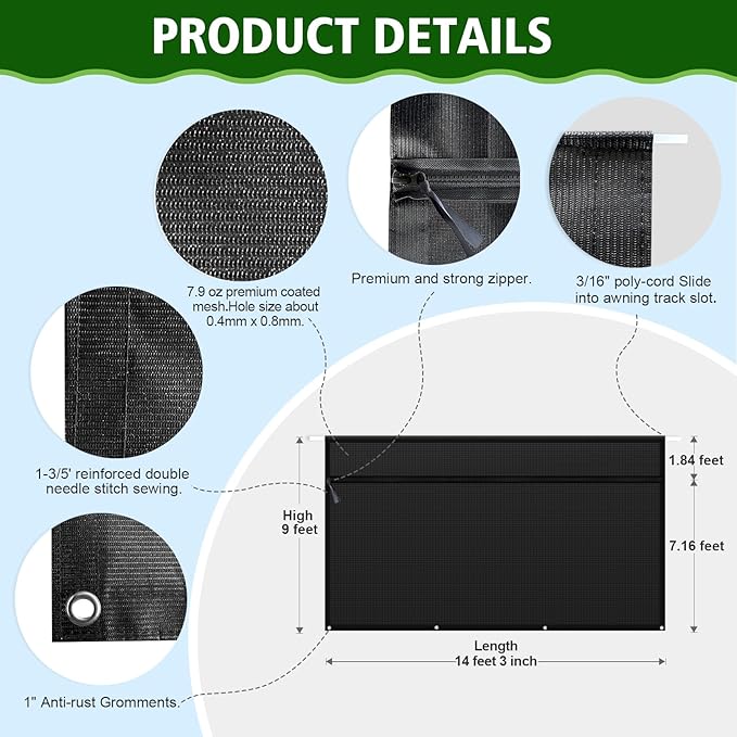 Dulepax RV Awning Sun Shade Screen with Zipper 9'X14'3'' -Second Generation RV Awning Shade Screen Significantly Improves Shadew and Privacy.Universal, Awning Screen for RV Camper with Complete Kits