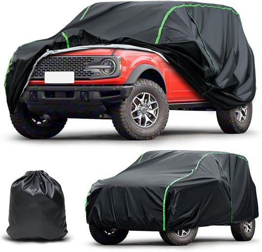 Waterproof Car Cover Compatible with Bronco 4-Door/Highlander/Wrangler Unlimited/Pilot/X5/Murano All-Weather Protection, 193"-201" SUV PEVA Car Cover with Zipper Door