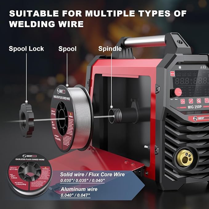 BESTMIG 8 in 1 Aluminum MIG Welder,250Amp 110V/220V Large LED Display,Pulsed MIG/MIG/Gas MIG/Flux Core/Spool Gun MIG/Lift TIG/Stick multiprocess welder,250P